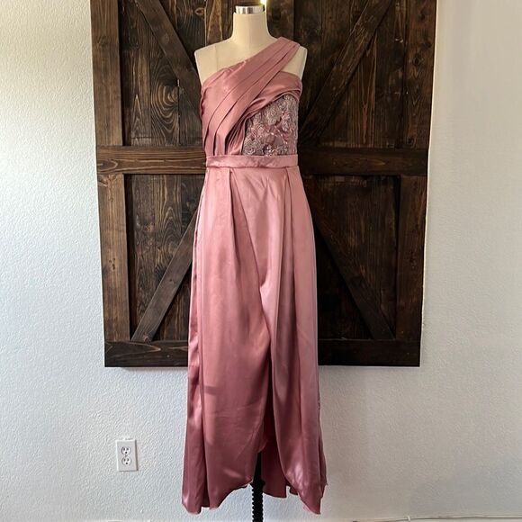 Satin One Shoulder Maxi embellished sequin gown weeding formal Dress large - Picture 1 of 14